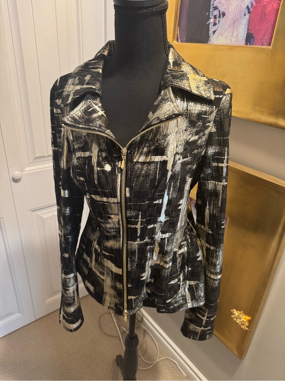 Joseph’s Ribkoff Women's Black and Gold Abstract Brushstroke Zip-Front Jacket